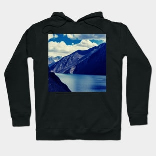 Rocky Mountains, Cloudy Sky, Blue Ocean, Landscape Art Hoodie
